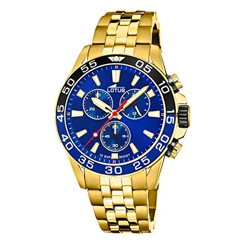 LOTUS Watch, Herrenuhr aus Edelstahl in Gold mit Einer Größe von 45mm und einem blauen Ziffernblatt, schwarz Blaue Lünette, 10Bar, 18769/1