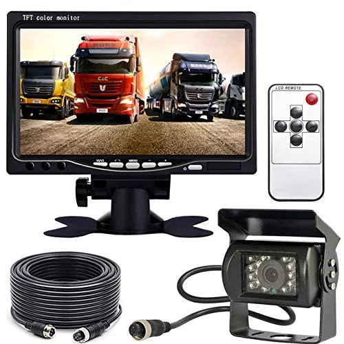 Xinyida Rückfahrkamera, 4-polig, 12 V bis 24 V, 18 LEDs, IR-Nachtsicht, wasserdicht, mit 15 m Kabel + 17,8 cm Farb-TFT-LCD-HD-Automonitor für Wohnmobil, Bus, LKW, Anhänger