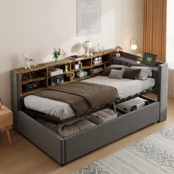 Polsterbett Schlafsofa 90x200 cm mit Stauraum und Nachtlicht