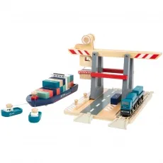 small foot Containerterminal aus Holz - Züge & Straßenbahnen – Mit beweglicher Containerbrücke und Zubehör, perfekt zum Verladen von LKWs und Schiffen. Ideal für kleine Eisenbahnliebhaber ab 3 Jahren!