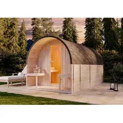 FinnTherm Fasssauna ScandiPod Deluxe 204x400 cm - Fasssauna für bis zu 6 Personen mit 42 mm Wandstärke, ideal für Familien. Genießen Sie das einzigartige Design und den praktischen Vorraum für zusätzlichen Komfort.