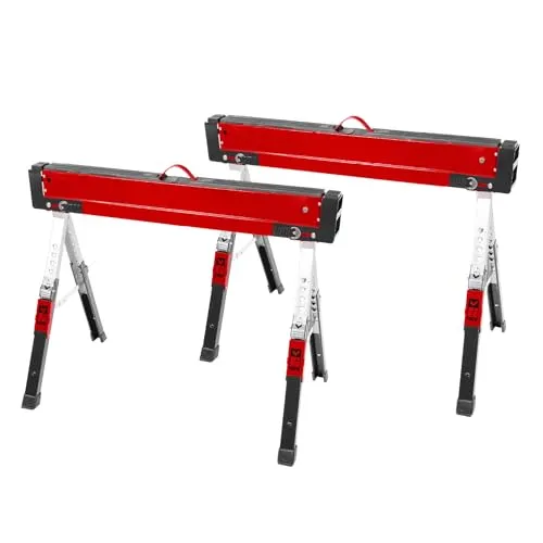 kwb 2-tlg. Arbeitsbock-Set | Stahl | höhenverstellbare Füße 990-1080 mm | rutschfeste Auflage| Vierkantholz-Halterungen | faltbare Beine | Tragegriff