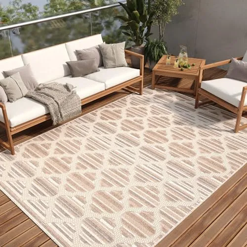 TAPISO Patio Teppich Indoor Outdoor Creme Beige Grau Marokkanisch Design Sisaloptik Wetterfest UV-beständig Terrasse Wohnzimmer ÖKO-TEX 160 x 220 cm