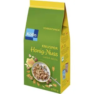 Kölln Müsli Knusper Honig-Nuss, Vorratspack 1700g - Müslis mit 59% Vollkornanteil, laktosefrei und reich an Nüssen für einen gesunden Start in den Tag. Praktische Großpackung für die ganze Familie.