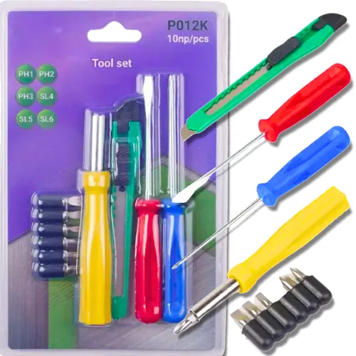 Werkzeugset, 10-teilig, Bits, Schraubendreher, Halter, Abbrechmesser