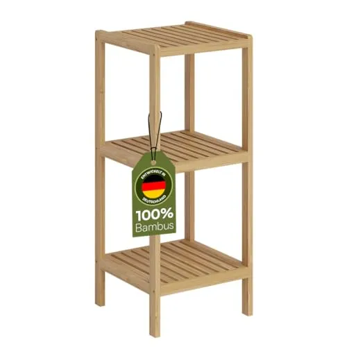 Bellamio Badregal Newa mit 3 Ablagen - Standregal aus hochwertigem, lackiertem Bambus mit modernem Design; ideal für stilvolle und praktische Aufbewahrung im Badezimmer oder anderen Räumen.