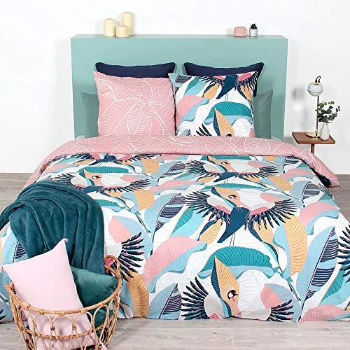 CÔTE DECO Bettwäsche, 220 x 240 cm + 2 Kopfkissenbezüge 63 x 63 cm, Set Bettbezug für Doppelbett, Rosa und Blau, 100% Bio-Baumwolle (240 x 220 cm)