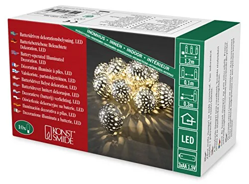 Konstsmide LED Dekolichterkette, große silberfarbene Metallbälle, 10 warm weiße Dioden, batteriebetrieben, Innen, transparentes Kabel, 3 x AA 1.5V (exkl.) - 3157-303