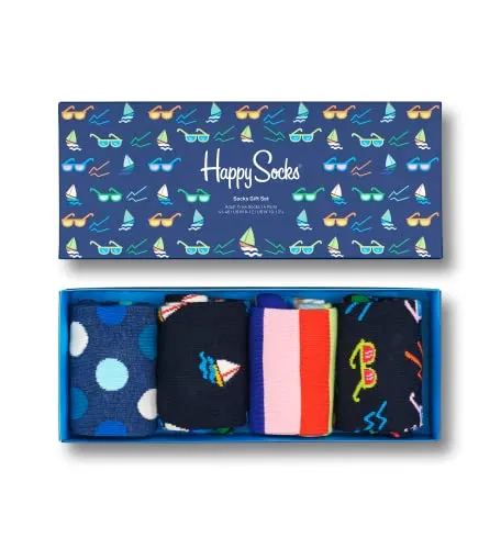 Happy Socks 4-Pack Navy Socken Set - Bunte Socken für Männer und Frauen in Blau-Grün-Orange-Rosa-Weiß-Rot. Aus hochwertiger Baumwolle für angenehmen Tragekomfort. Perfekt als Geschenk oder für den Alltag.