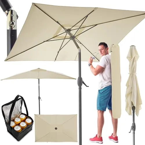 TOM Sonnenschirm mit Kurbel 140x210cm - Beige - Sonnenschirm mit praktischem Kurbelmechanismus, UV-Schutz und wasserabweisendem Polyester, ideal für Garten und Terrasse, inklusive Kühltasche und Tragetasche.
