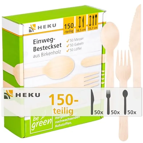HEKU be green Einweg-Besteck-Set 150-teilig aus Birkenholz von Heku