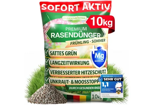 DÜNGEMEISTER Rasen-Langzeitdünger - Premium Rasendünger für Frühjahr/Sommer, revolutioniert durch mikrobielle Umsetzung mit Magnesium für sofort saftiges, gesundes Grün und reduzierten Zeitaufwand.