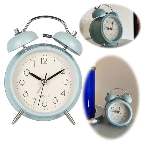 LS-LebenStil Retro Glockenwecker Blau 13x9x5cm Analog Vintage Quarzwecker Nostalgie Schlafzimmer Nachttisch Tischuhr Alarm-Clock Ostalgie kleine Tischuhr leises Ticken