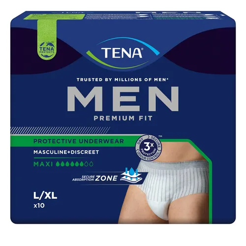 TENA MEN Premium Fit Pants Maxi L/X, 10 Stück - Inkontinenzeinlagen mit maskulinem Design für sicheren Schutz bei Harninkontinenz. Atmungsaktives Material und verstärkter Frontsaugkern sorgen für Komfort und Diskretion im Alltag.