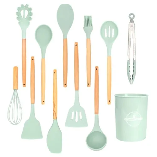 Intirilife 12-teiliges Küchenutensilien Set - Vielseitiges Küchenhelfer-Set in Mint Grün, hitzebeständig und lebensmittelecht, ideal für alle Koch- und Backanwendungen. Praktischer Eimer für stilvolle Aufbewahrung.