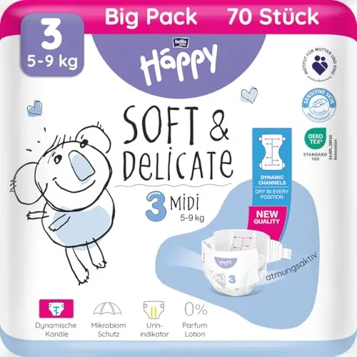 bella baby Happy Premium Windeln Größe 3 Midi 5-9 kg 70 Stück, DERMATEST & OEKO TEX Siegel, Babywindeln Einweg