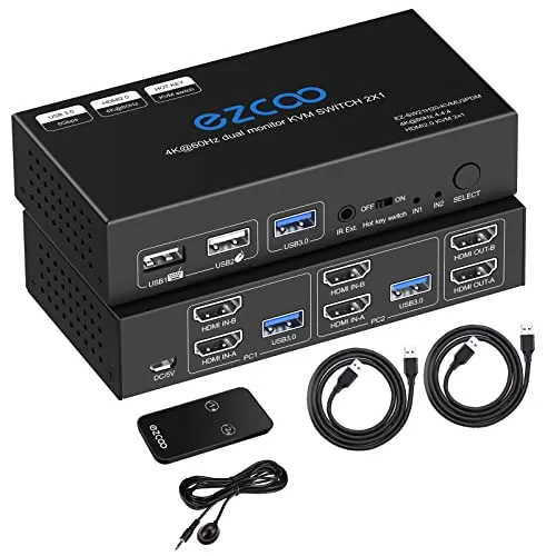 HDMI KVM Switch Dual Monitor 4K 60Hz USB 3.0 2 Ports with Hotkey 18Gbps HDCP2.3 2x HDMI Extended Display Share 2 PC with one Keyboard Mous HDR D-olby Vision VRR IR Remote Control