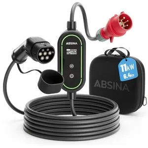 ABSINA Ladekabel CEE 16A auf Typ 2 - Mobile Wallbox 11kW mit 6,4m Kabel - Ladestation für Elektrofahrzeuge mit einstellbarer Ladeleistung, IP67 wasserdicht und sicher dank integriertem RCD. Ideal für i3, e-Up, ID.3 und viele mehr.
