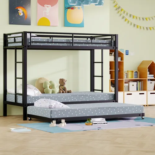 Etagenbett mit Gästebett und Rausfallschutz, 90x200cm, Metallbett für Kinder - Praktisches Etagenbett mit 2 Liegeflächen und zusätzlichem Gästebett. Stabil und modern gestaltet, ideal für Kinder und Jugendliche. Inkl. Lattenroste und Sicherheitsleiter, perfekt für kleine Räume.