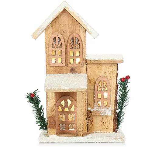 com-four® Weihnachtsdekoration zum Hinstellen mit LED Licht - Holzdekoration beleuchtetes Haus - Tischdekoration [Auswahl variiert!] (01 Stück - Auswahl variiert)