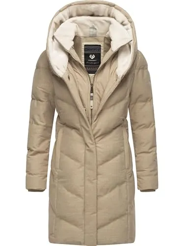 Ragwear Damen Wintermantel Warmer wasserdichter und atmungsaktiver Steppmantel lang mit Kapuze und hohem Teddy-Fleece-Kragen Natalka Cosy YOUMODO Taupe Gr. XS