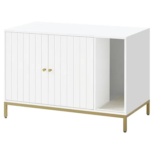 Feandrea Katzenklo-Schrank, Katzenhaus, Katzentoilette, mit Kratzmatte, hohe Beine, für Katzen, Beistelltisch, 90 x 48 x 61,5 cm, weiß-goldfarben PCL027W01