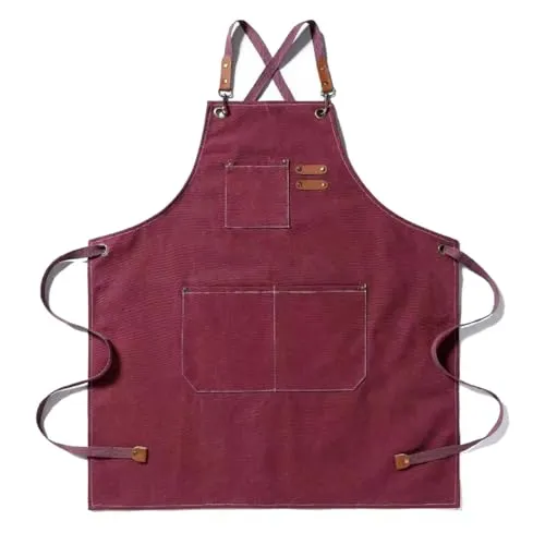 Grillschürzen für Männer, praktische Arbeitsschürze, Arbeitsschürze mit Taschen mit verstellbaren Trägern für Friseur, Küche, Gärtner, rot, L