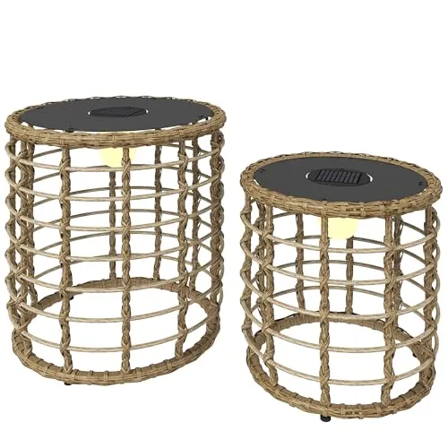 Solar Stehlampe 2er Set Rattan mit Lichtsensor - Stimmungsvolle Wegbeleuchtung im Boho-Stil. Das 2er Set mit LED-Technik und Dämmerungssensor sorgt für energiesparende, wetterfeste Beleuchtung im Außenbereich.