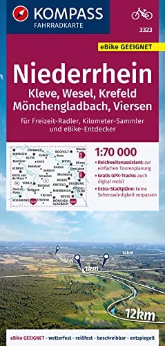 KOMPASS Fahrradkarte 3323 Niederrhein, Kleve, Wesel, Krefeld, Mönchengladbach, Viersen mit Knotenpunkten 1:70.000: reiß- und wetterfest mit Extra Stadtplänen