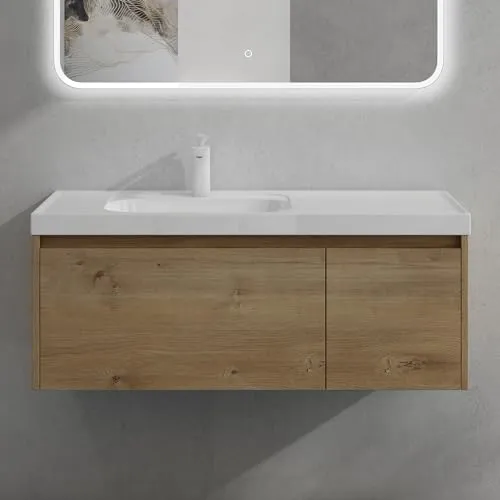 doporro Badmöbelset Waschbecken mit Unterschrank in Kerneiche - Komplettprogramm für Badezimmer mit stylishen Soft-close Schubladen und wasserfester Oberfläche. Ideal für effizienten Stauraum von Kosmetik und Handtüchern.