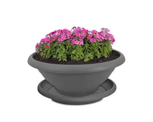 matches21 HOME & HOBBY Blumentopf Pflanzkübel mit Untersetzer für aussen 30 cm Blumentopf grau (1 St), Wetterfeste Pflanzschale als runder Grabschmuck Blumenkübel