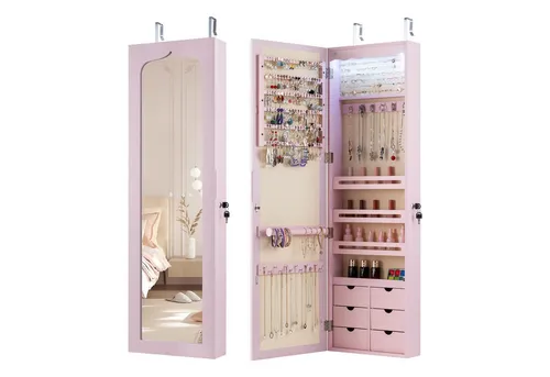 COSTWAY Schmuckschrank mit LED Beleuchtung und Spiegel – Rosa