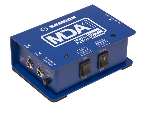 Samson MDA1 DI Box Aktiv - DI Box mit 2-Positionen Dämpfungsschalter und Ground Lift, ideal für professionelle Audio-Anwendungen mit breitem Frequenzgang von 18Hz - 35kHz.