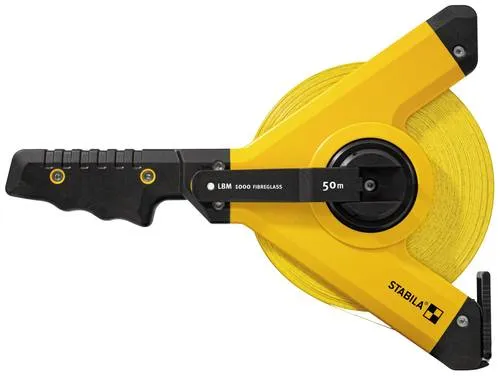 Stabila Maßband LBM 1000 FIBERGLASS - 50m Glasfaser-Messband, ergonomischer Softgrip-Handgriff und universeller Haken für präzise Messungen