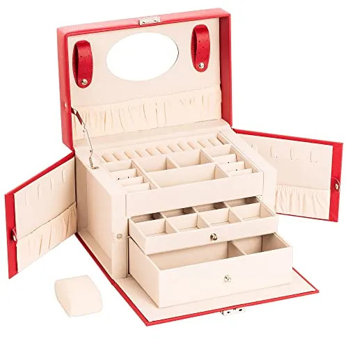 ADEL DREAM Schmuckkasten, 26x18x18 cm,Schmuckkästchen mit 2 Schubladen, abschließbarer Schmuck-Organizer mit Spiegel, PU Leder Schmuckaufbewahrung, für Ringe, Armbänder, Ohrringe, Samtfutter, Rot