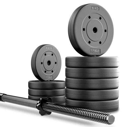 Produktbild TREX SPORT Langhantel Set | Hantelset 46kg mit Langhantelstange 150cm, Kunststoff Hantelscheiben, Sternverschlüsse, langlebig | Home Gym Krafttraining