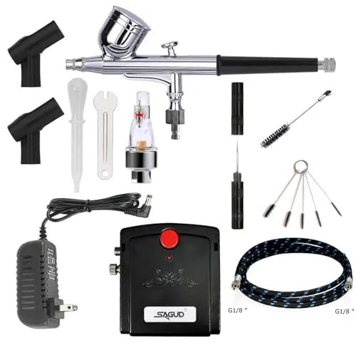 Sagud Airbrush Kit mit Kompressor Mini tragbarem Schwerkraftgespeist mit doppeltwirkender Air Brush für Kuchendekoration, Hobby, Basteln,Nägel, Make-up mit Reinigungskit