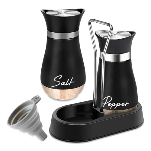 BNGXR Salz und Pfefferstreuer Set, 2 Stück Glasboden Salzstreuer,Gewürzstreuer Küchenzubehör,Pfefferstreuer, Salz Pfefferstreuer mit Halter aus Glas und Edelstahl für Küche, BBQ, Küchenzubehör