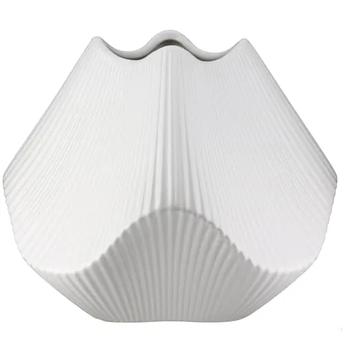 GILDE Dekovase LAMELLEN - Weiße Keramikvase für stilvolle Tischdeko - Vase aus hochwertiger Keramik mit eleganter Lamellenstruktur, ideal für Blumenarrangements und moderne Wohnräume. Höhe 18,5 cm, Breite 22 cm.