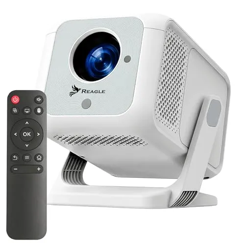 Reagle R-MOVIELUM-P31 Beamer Full HD 1080p 4K Upscaling, 420 ANSI LED Projektor Tragbar 130 Zoll, Android 14 Wi-Fi 6 Bluetooth 5.4 Auto Fokus Keystone HDMI USB Smart TV 180° drehbar Heimkino Miracast