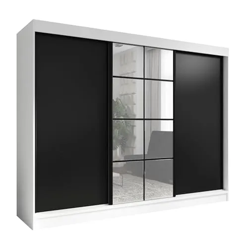 A&J MöbelLand Schwebetürenschrank ORAVELLE 3-türig mit Spiegel - Schwebetürenschrank in Weiß/Schwarz, 200 cm breit, mit 4 kostenlosen Schubladen und viel Stauraum – ideal für Ihr Schlafzimmer.
