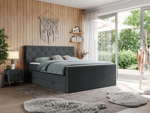 MKS Boxspringbett Dunkelgrau 200x200 cm - Hochwertiges Boxspringbett mit doppeltem Aufbewahrungskasten und PREMIUM-Matratze für optimalen Schlafkomfort, ideal für jedes Schlafzimmer.