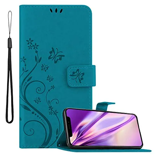 Cadorabo Hülle kompatibel mit Apple iPhone XR Blumen Design aus Premium Kunst Leder Flip Klappbare Stoßfeste Magnetische [Standfunktion] [Kartenfächern] Cover Hülle für iPhone XR Tasche in Blau