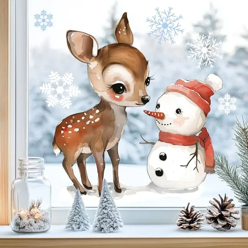 Sunnywall Fensterbilder Winter für Kinder Tiermotive in Winterszene als statisch haftende Fenstersticker, WIEDERVERWENDBAR (Reh, A4 Bogen)