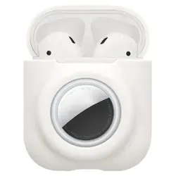 kwmobile 2-in1 Hülle kompatibel mit Apple Airpods 1 & 2 - Kopfhörer Case kompatibel mit Airtag - Weiches Silikon Cover - Schutzhülle mit Karabin... - Weiß