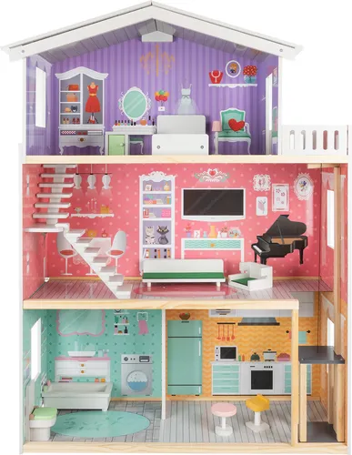 Großes Holzpuppenhaus mit Möbeln und Aufzug – 3 Etagen
