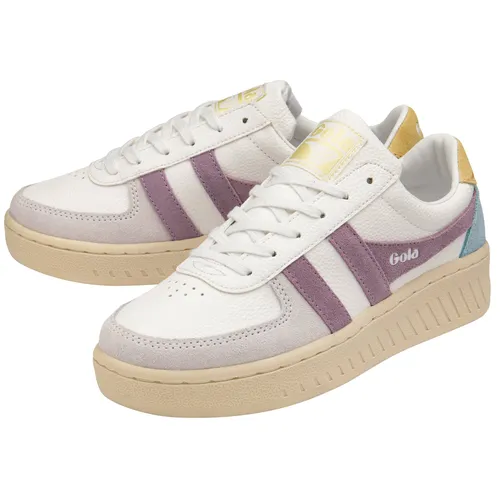 Gola Sneaker Grandslam Trident Damen - Weiß/Violett/Gelb, Größe 36 (US 5) - Stylische Damen Sneaker von Gola aus 85% recyceltem PU, ideal für umweltbewusste Fashionistas, die klassischen Streetstyle lieben.