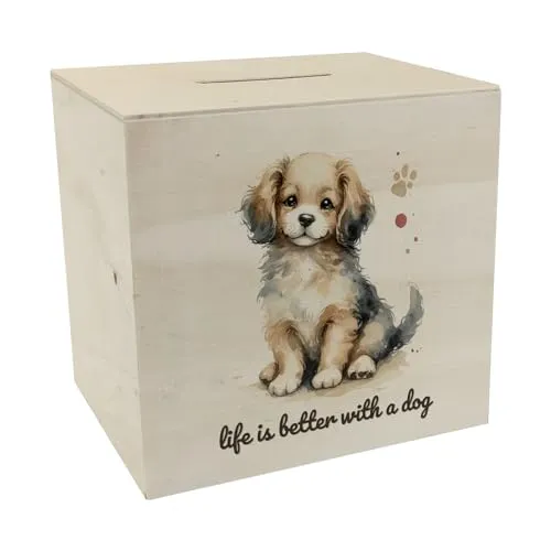 niedlicher Hund Spardose aus Holz mit Spruch Life is Better with a Dog Klein Süß Niedlich Sitzen Haustier Figur