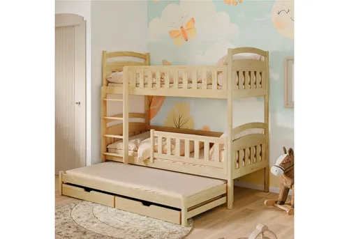 Hochbett 90x200 mit Ausziehbett und Schubladen - Massives Kinderbett aus FSC Kiefernholz mit Rausfallschutz, umbaubar in drei Einzelbetten und ideal für kleine Räume – perfekt für Übernachtungsbesuche!