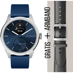 WITHINGS ScanWatch 2 - Hybrid Smartwatch in Silber Blau mit Gratis Lederarmband - Smartwatch für Damen und Herren mit elegantem Design, 30 Tage Batterielaufzeit und 24/7 Aktivitätsaufzeichnung. Robustes Edelstahlgehäuse und kratzfestes Saphirglas für Langlebigkeit.
